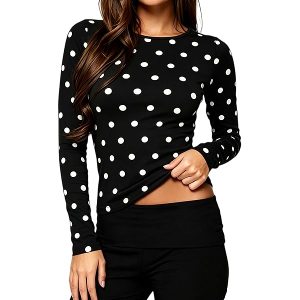 Polka Dot Tops for Women Long Sleeve Crew Neck Slim Fit Shirt Tops